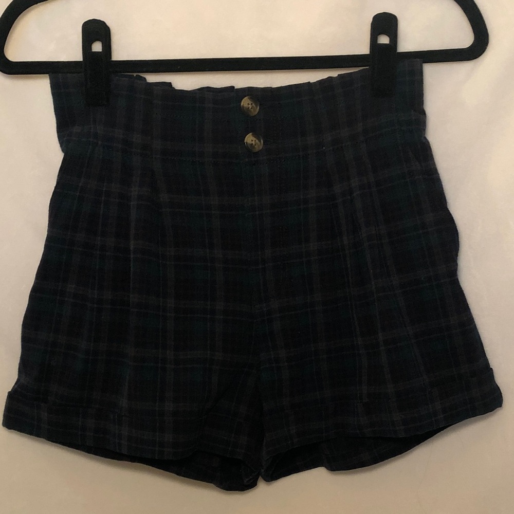 American Eagle Outfitters Navy Plaid High-Waisted Shorts